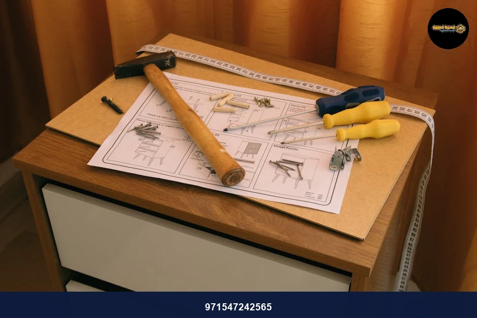 From above of wooden cabinet with drawers and paper instruction with tool to assemble it