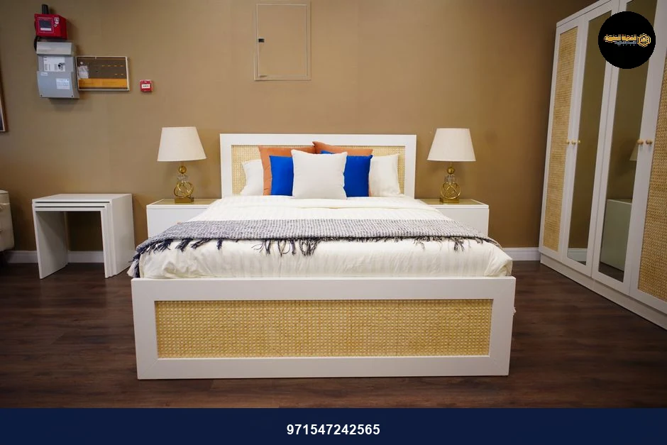 A cozy and stylish bedroom featuring modern furniture and a neutral color palette.