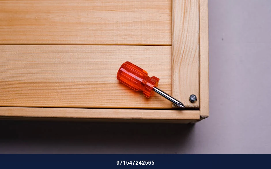 Red-handled screwdriver resting on a wooden box corner, with screws visible. Red-handled screwdriver resting on a wooden box corner, with screws visible.