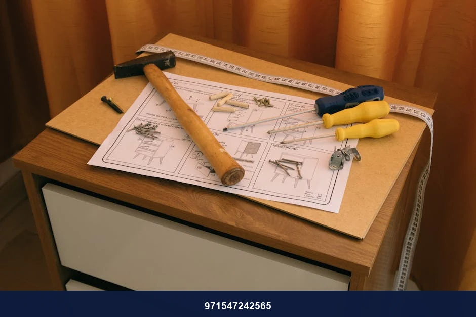 From above of wooden cabinet with drawers and paper instruction with tool to assemble it. From above of wooden cabinet with drawers and paper instruction with tool to assemble it.