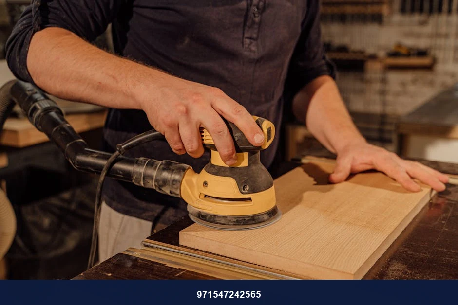 Carpenter using an electric sander on a wooden board in a workshop, showcasing craftsmanship.