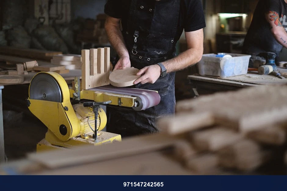 Unrecognizable male artisan using belt and disc sander to shape wooden detail while working near anonymous coworker in workshop with stack of wooden boards