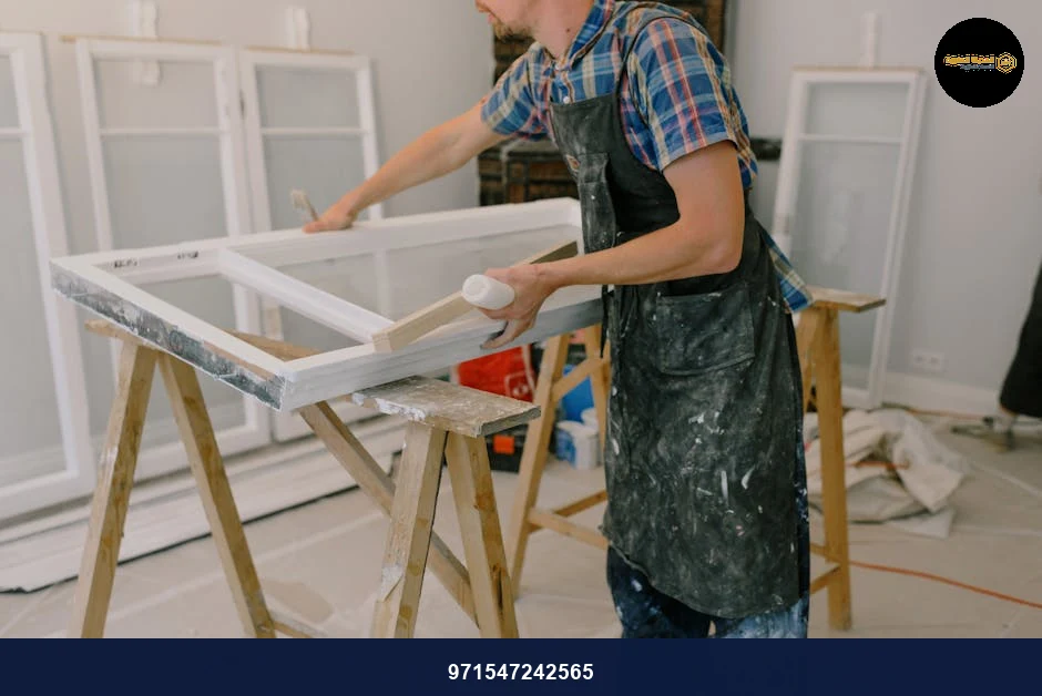 Unrecognizable male master wearing dirty apron standing near window with white frames on wooden workbench while working in professional studio