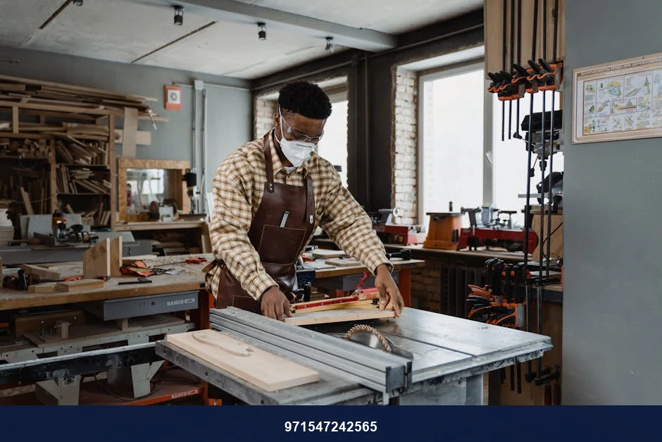 Professional woodworker using saw in well-equipped workshop, focusing on creation and craftsmanship.