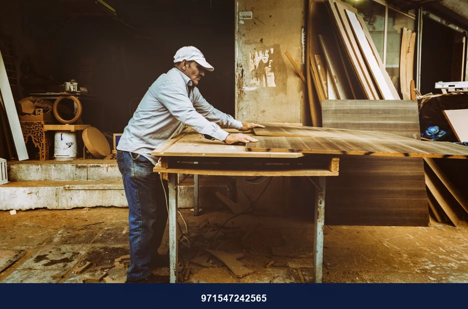 Carpenter focuses on woodworking project inside a busy workshop, surrounded by materials.