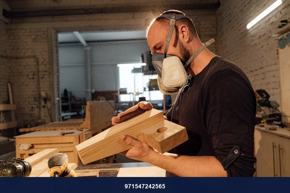 Skilled carpenter wearing mask, shaping wood with tools in a workshop environment.