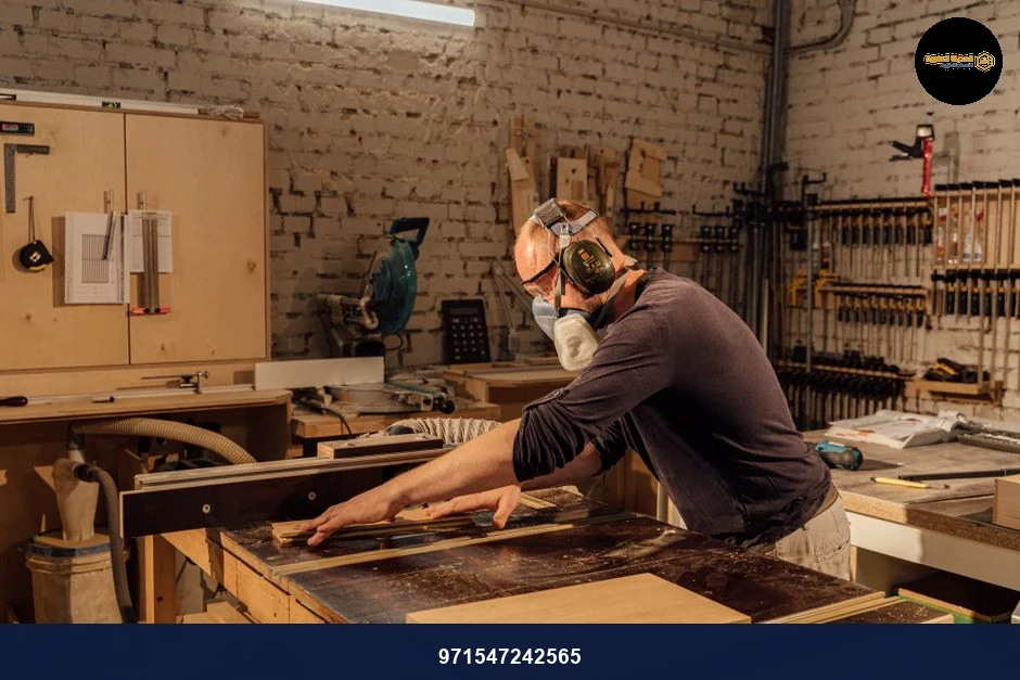 Experienced woodworker using a table saw in a well-equipped woodworking shop.