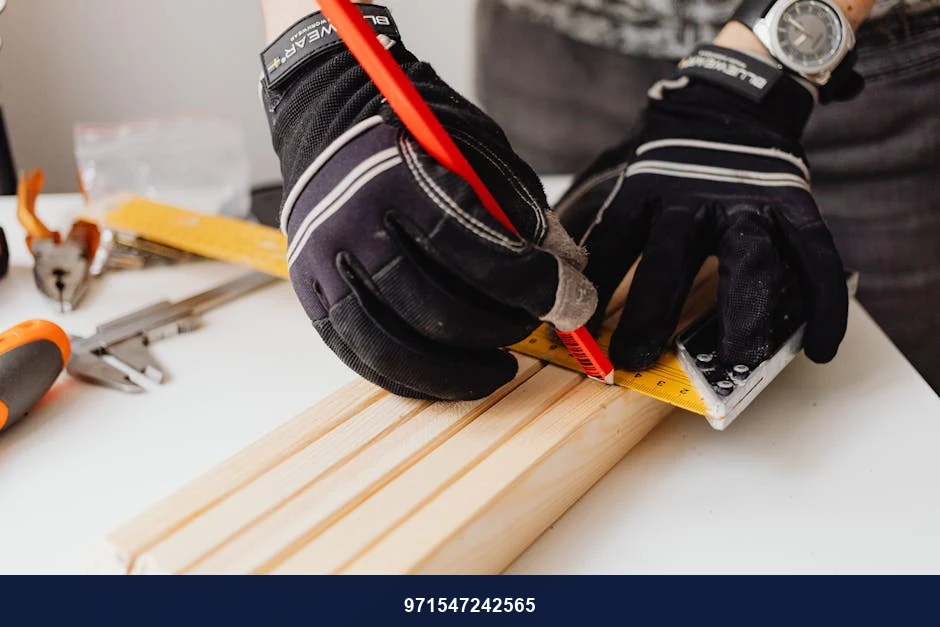 Close-up of gloved hands using ruler to measure wood in a carpentry workshop. Tools are visible in the background.