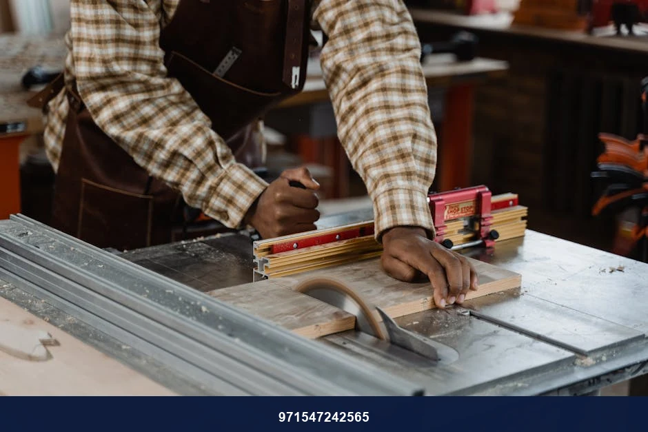 Focused artisan using a table saw, showcasing woodworking skills in a workshop.