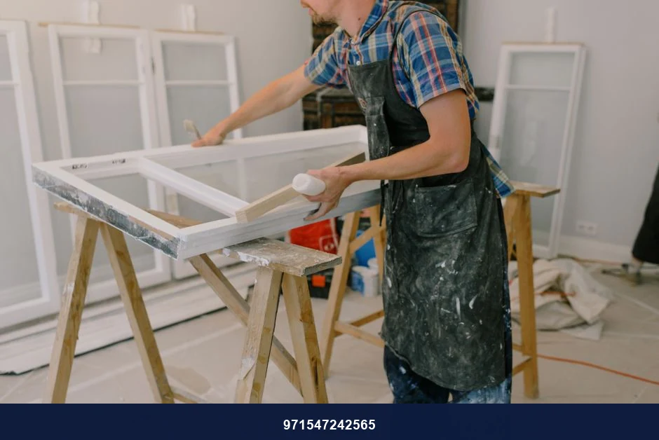 Unrecognizable male master wearing dirty apron standing near window with white frames on wooden workbench while working in professional studio