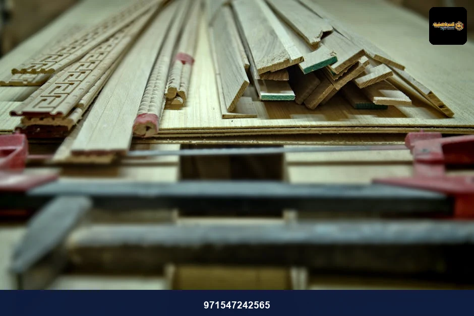 Close-up of woodworking tools and wooden planks on a workbench in Fès, Morocco. Close-up of woodworking tools and wooden planks on a workbench in Fès, Morocco.