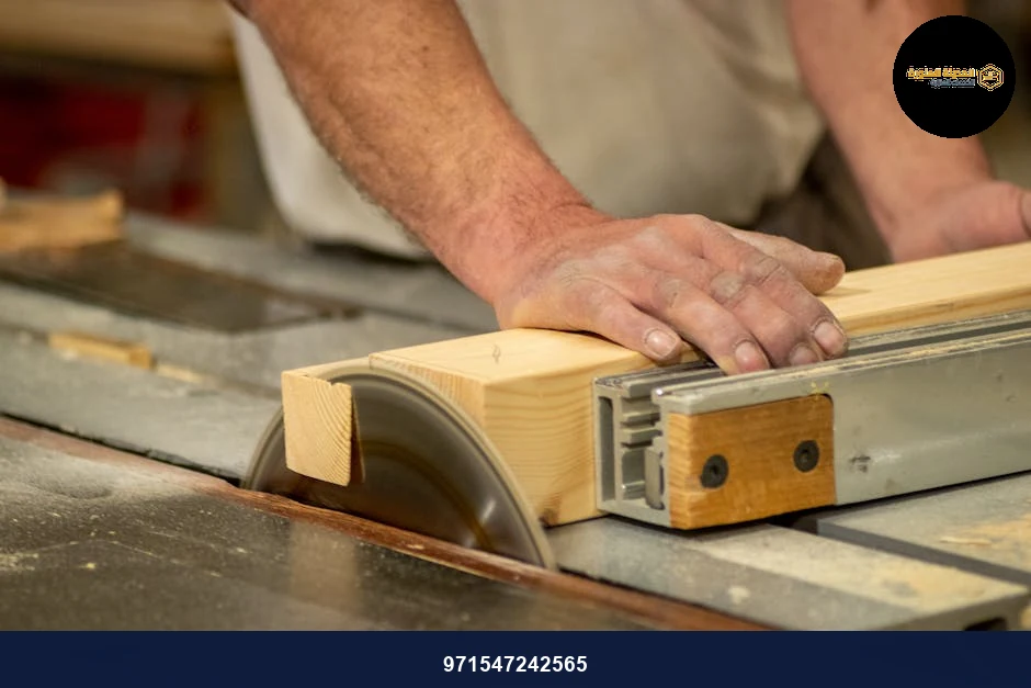 Hands of a carpenter cutting wood on a table saw, showcasing craftsmanship and precision.
