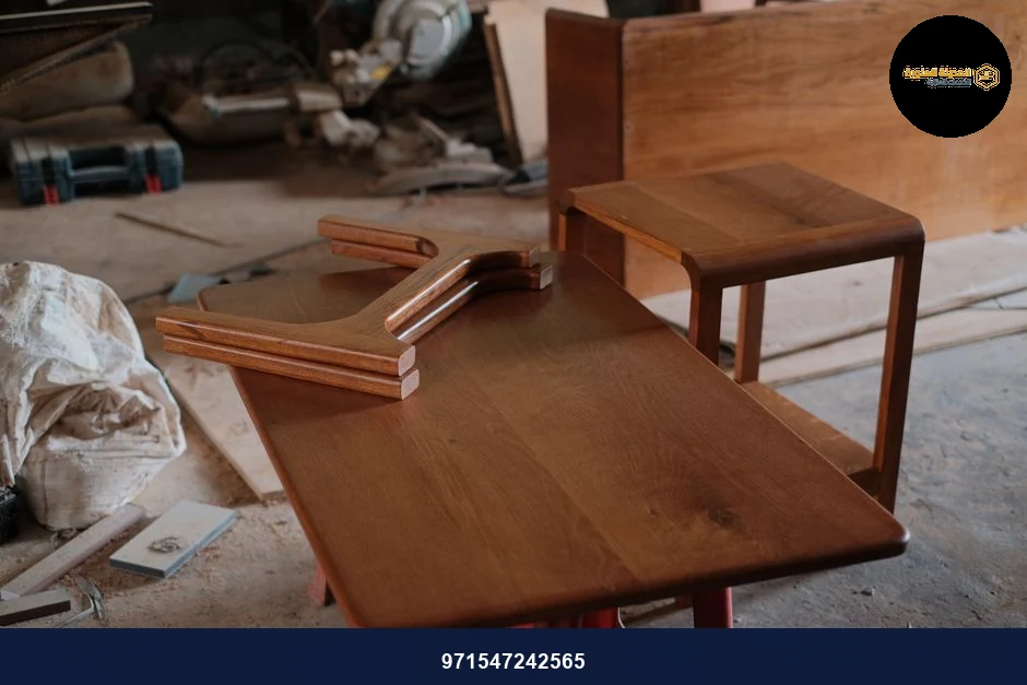 Wooden furniture pieces on a workshop table, demonstrating craftsmanship.