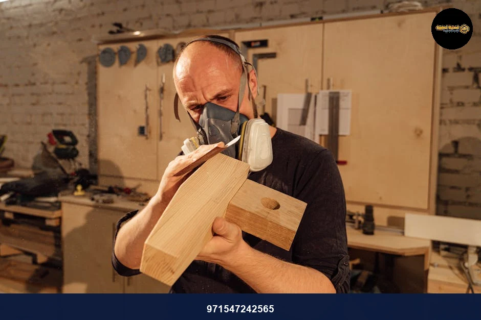 A focused carpenter uses hand tools to refine a wooden piece in an industrial workshop.