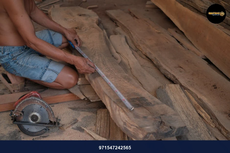 A carpenter precisely measuring a wooden plank, preparing for woodworking projects.