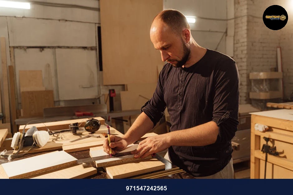 A focused craftsman measures wood planks in a workshop, emphasizing precision woodworking skills.
