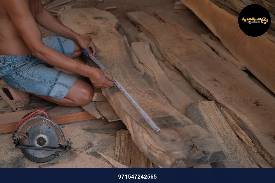 A carpenter precisely measuring a wooden plank, preparing for woodworking projects. A carpenter precisely measuring a wooden plank, preparing for woodworking projects.