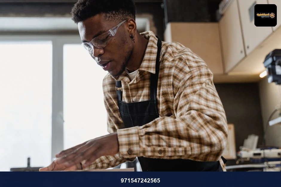 Artisan focusing on woodworking with precision in a well-equipped indoor workshop. Artisan focusing on woodworking with precision in a well-equipped indoor workshop.