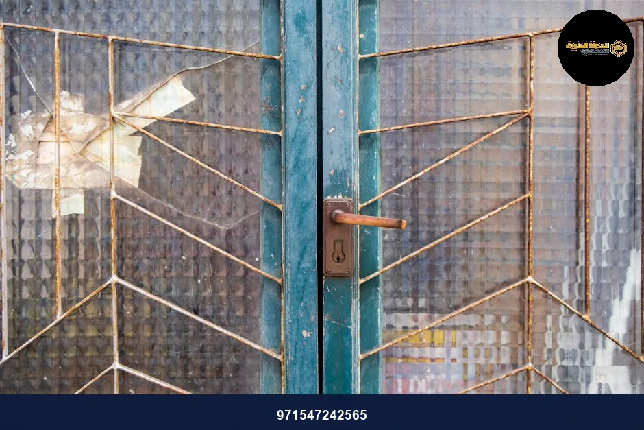 Close-up of an old blue door with rusty metalwork and broken glass panel showcasing decay. Close-up of an old blue door with rusty metalwork and broken glass panel showcasing decay.
