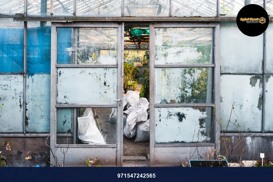 A rustic greenhouse entrance with an open sliding door revealing interior plants and repair material. A rustic greenhouse entrance with an open sliding door revealing interior plants and repair material.