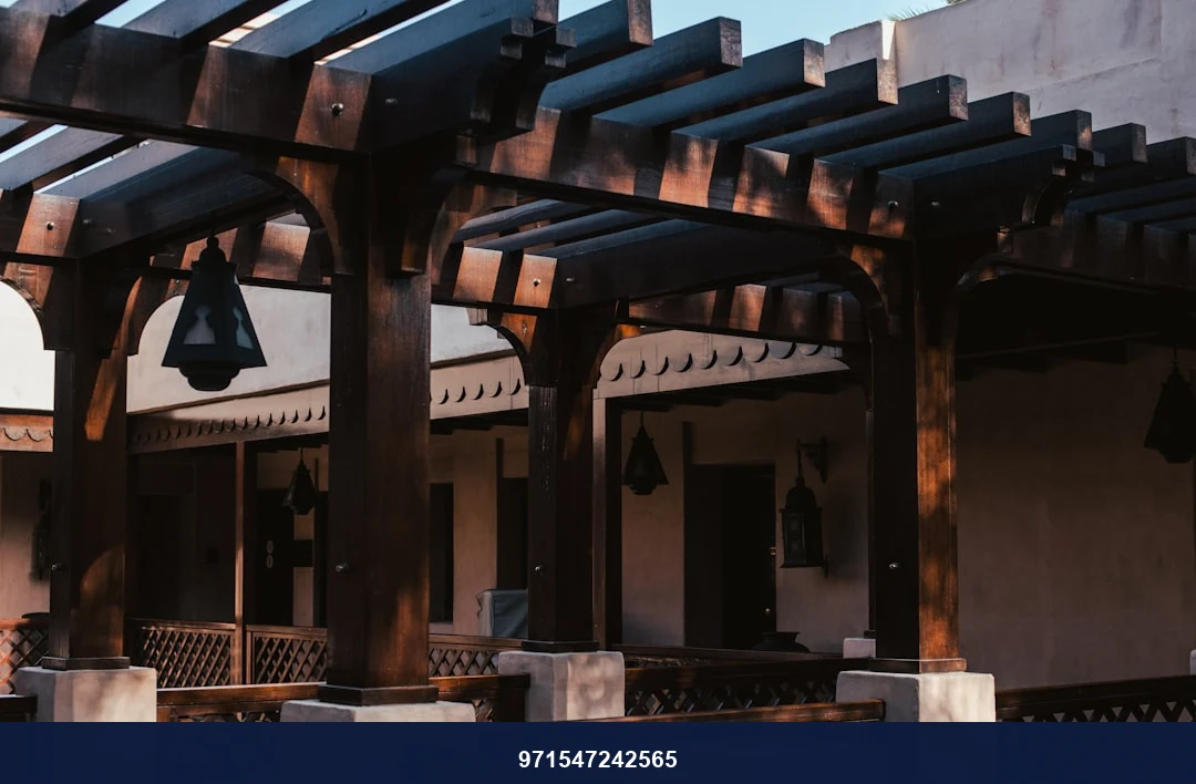 Wooden pergola with an interesting design.