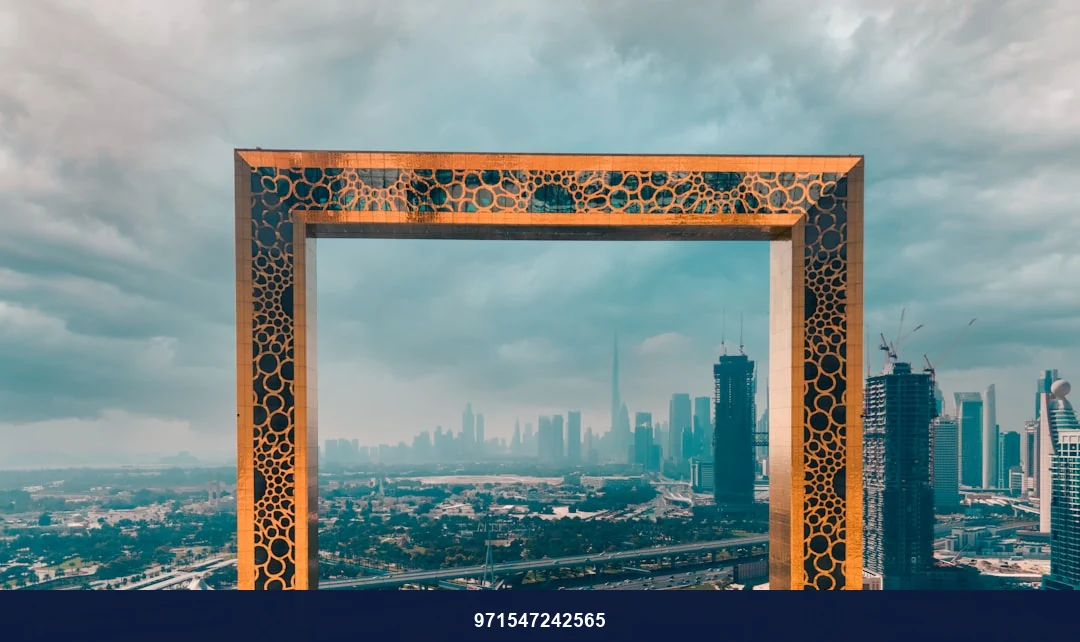 a picture frame in the middle of a city